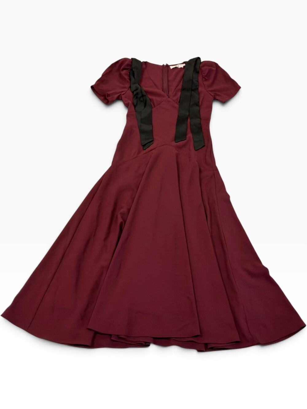 ASTR The Label Burgundy Midi Dress Womens M Puff Sleeve Black Bow Fit & Flare
